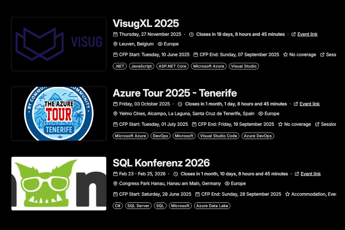Dashboard main view showing AI-powered conference recommendations with match quality badges and recent activity summary