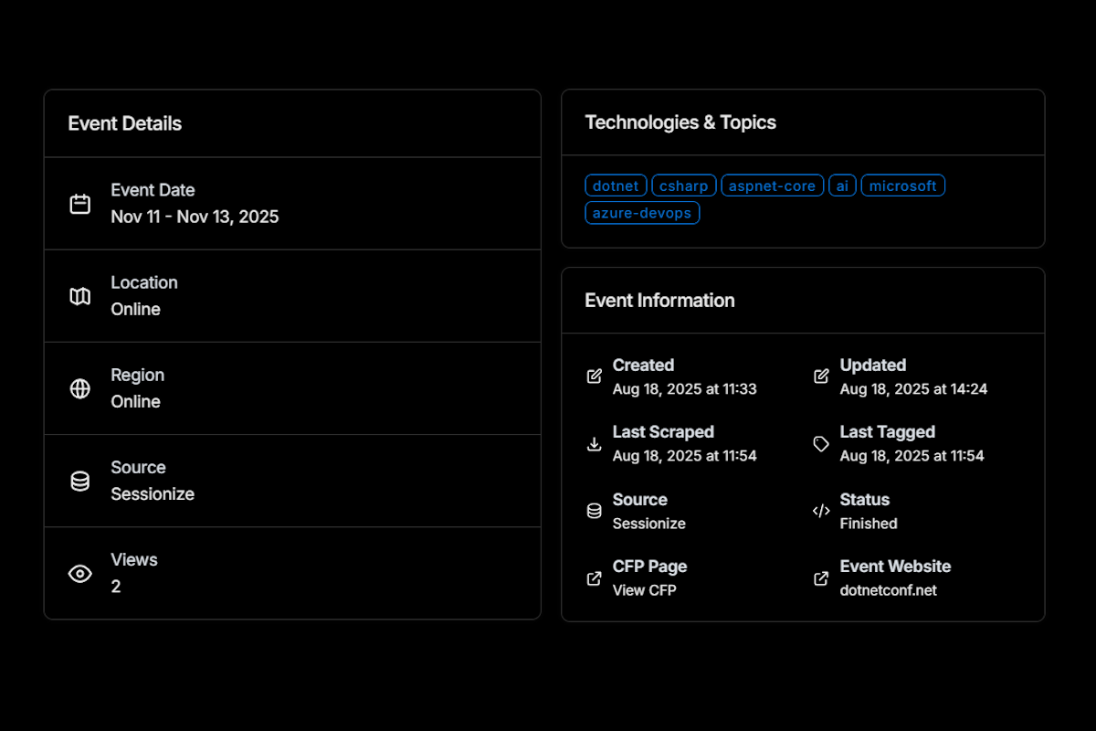 Event calendar view displaying conference dates and deadline information