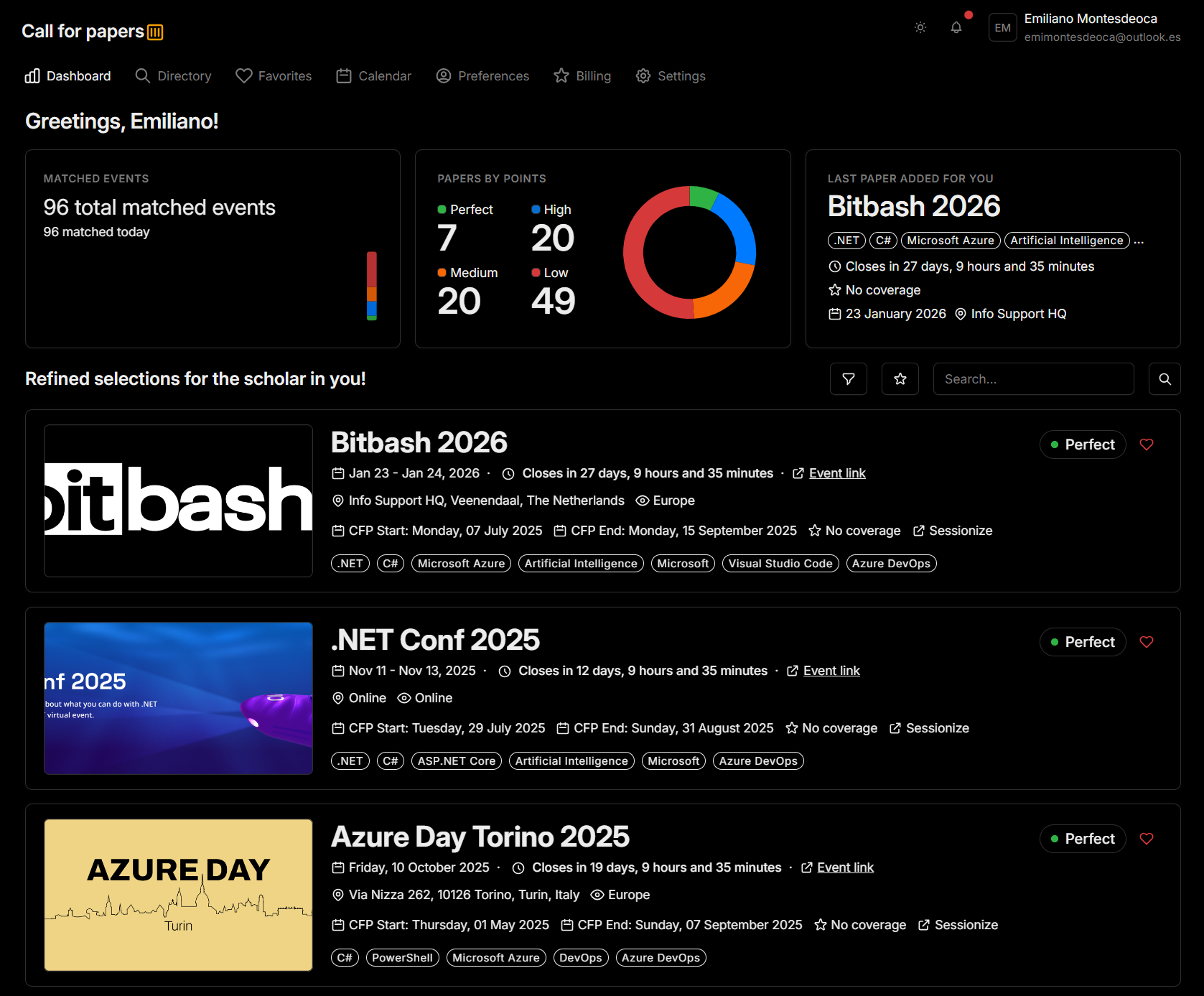 Call For Papers AI Dashboard showing personalized conference recommendations, match analytics, and speaking opportunity insights